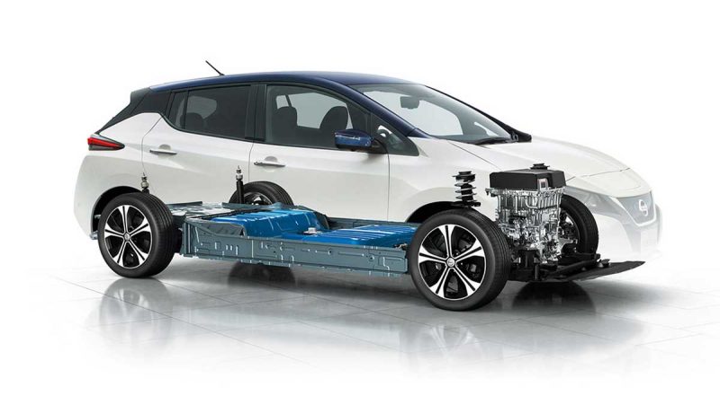 A white electric car and battery