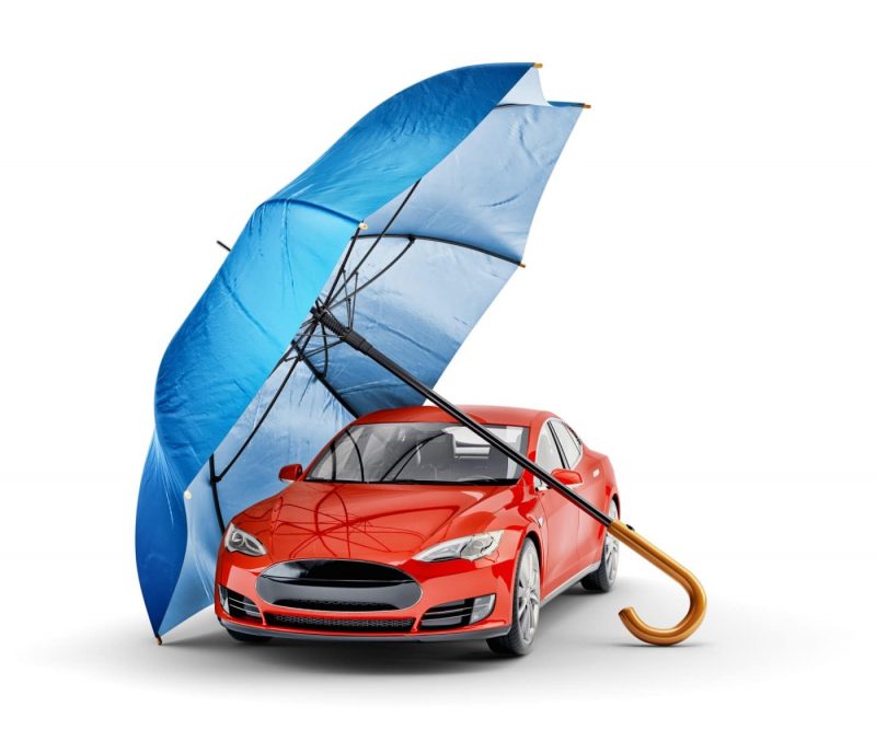 Red EV with an umbrella
